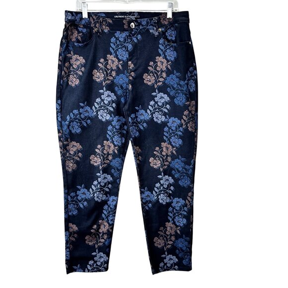 Chicos Girlfriend Slim Leg Ankle Jeans 2 US 12 L Blue Floral Zip Fly 34" Waist - Picture 1 of 6